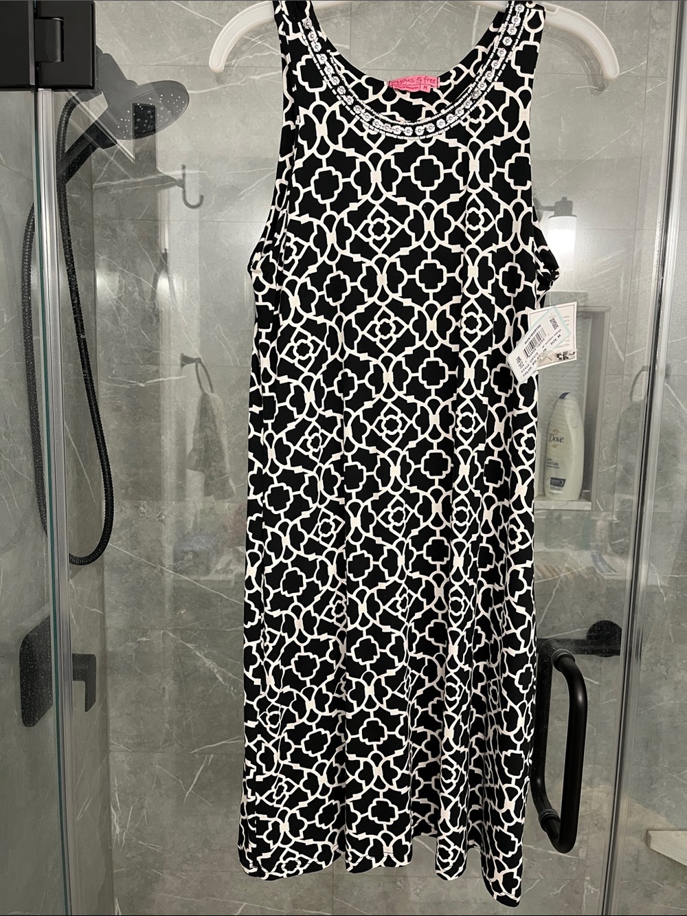 NWT Joyous & Free Black & White Geometric Tank Dress with Embellished Neckline M